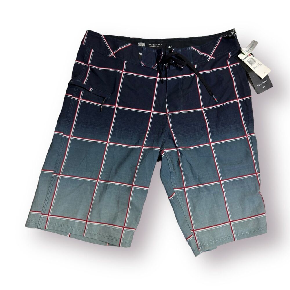 Quiksilver Black Windowpane Plaid Stretch Boardshorts 32” Swim‎ Trunks Mens NWT